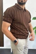 Erkek Açık Yaka Desenli Tişört Kahverengi Edw385