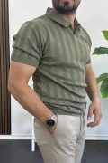 Erkek Açık Yaka Desenli Tişört Yeşil Edw385