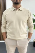 Erkek Açık Yaka Düz Desen Normal Kalıp Kazak Krem Edw423
