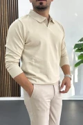 Erkek Açık Yaka Düz Desen Normal Kalıp Kazak Krem Edw423