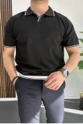 Erkek Açık Yaka Şerit Detaylı Tişört Siyah Edw235