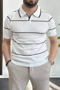 Erkek Açık Yaka Yan Çizgili Tişört Beyaz Edw259