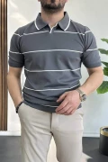 Erkek Açık Yaka Yan Çizgili Tişört Füme Edw259