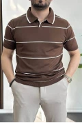 Erkek Açık Yaka Yan Çizgili Tişört Kahverengi Edw259