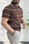 Erkek Açık Yaka Yan Çizgili Tişört Kahverengi Edw259