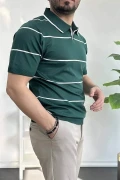 Erkek Açık Yaka Yan Çizgili Tişört Koyu Yeşil Edw259