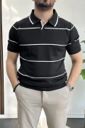 Erkek Açık Yaka Yan Çizgili Tişört Siyah Edw259