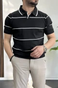 Erkek Açık Yaka Yan Çizgili Tişört Siyah Edw259