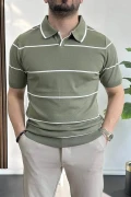 Erkek Açık Yaka Yan Çizgili Tişört Yeşil Edw259