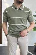 Erkek Açık Yaka Yan Çizgili Tişört Yeşil Edw259
