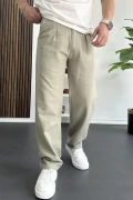 Erkek Beli Düğmeli Baggy Kalıp Pileli Pantolon Yeşil Edw357