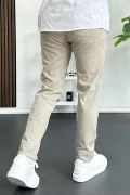 Erkek Beli Düğmeli Pamuklu Dar Kalıp Pantolon Bej Edw364