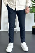 Erkek Beli Düğmeli Pamuklu Dar Kalıp Pantolon Lacivert Edw364