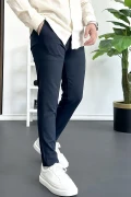Erkek Beli Düğmeli Pamuklu Dar Kalıp Pantolon Lacivert Edw364