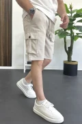 Erkek Beli Lastikli Cepli Şort Krem Edw388