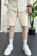 Erkek Beli Lastikli Keten Kumaş Şort Krem Edw370