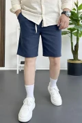 Erkek Beli Lastikli Keten Kumaş Şort Lacivert Edw370