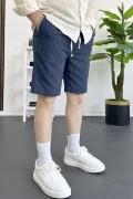 Erkek Beli Lastikli Keten Kumaş Şort Lacivert Edw370