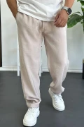 Erkek Beli Lastikli Modal Kumaş Rahat Kesim Pantolon Krem Edw396