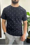 Erkek Çapa Desenli Bisiklet Yaka Tişört Lacivert Edw395