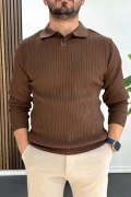 Erkek Desenli Esnek Kumaş Düğmeli Kazak Kahverengi Edw429