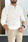 Erkek Desenli Esnek Kumaş Fermuarlı Kazak Beyaz Edw428
