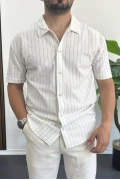 Erkek Dik Çizgili Kısa Kollu Gömlek Krem Edw387