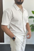 Erkek Dik Çizgili Kısa Kollu Gömlek Krem Edw387