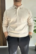 Erkek Düğmeli Polo Yaka Kazak Bej Edw231