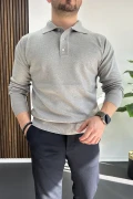 Erkek Düğmeli Polo Yaka Kazak Gri Edw231