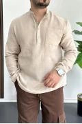 Erkek Hakim Yaka Yarım Patlı Cepli Gömlek Bej Edw361