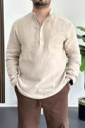 Erkek Hakim Yaka Yarım Patlı Cepli Gömlek Bej Edw361