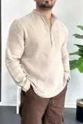 Erkek Hakim Yaka Yarım Patlı Cepli Gömlek Bej Edw361