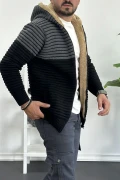 Erkek İçi Kürklü Kapüşonlu Fermuarlı Çift Renk Triko Hırka Siyah T741