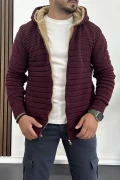 Erkek İçi Kürklü Kapüşonlu Fermuarlı Triko Hırka Bordo T743