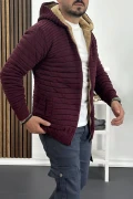 Erkek İçi Kürklü Kapüşonlu Fermuarlı Triko Hırka Bordo T743