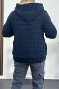 Erkek İçi Kürklü Kapüşonlu Fermuarlı Triko Hırka Lacivert T743