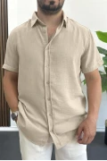 Erkek Kısa Kollu Keten Görünümlü Gömlek Bej Edw389