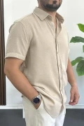 Erkek Kısa Kollu Keten Görünümlü Gömlek Bej Edw389