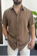Erkek Kısa Kollu Keten Görünümlü Gömlek Kahverengi Edw389