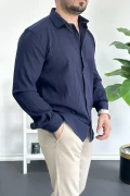 Erkek Krinkıl Kumaş Gömlek Lacivert Edw362
