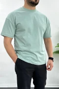 Erkek Oversize %100 Pamuk Nefes Alan Basic T-shirt Yeşil Edw038
