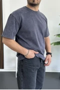 Erkek Oversize Geniş Kesim Yıkamalı Kumaş Nakış Logolu Tişört Füme Edw366