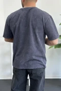 Erkek Oversize Geniş Kesim Yıkamalı Kumaş Nakış Logolu Tişört Füme Edw366