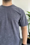 Erkek Oversize Geniş Kesim Yıkamalı Kumaş Nakış Logolu Tişört Füme Edw366