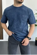 Erkek Oversize Geniş Kesim Yıkamalı Kumaş Nakış Logolu Tişört Mavi Edw366
