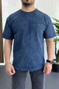 Erkek Oversize Geniş Kesim Yıkamalı Kumaş Nakış Logolu Tişört Mavi Edw366