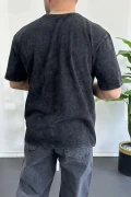 Erkek Oversize Geniş Kesim Yıkamalı Kumaş Nakış Logolu Tişört Siyah Edw366