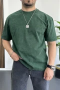 Erkek Oversize Geniş Kesim Yıkamalı Kumaş Nakış Logolu Tişört Yeşil Edw366