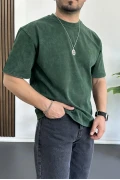 Erkek Oversize Geniş Kesim Yıkamalı Kumaş Nakış Logolu Tişört Yeşil Edw366